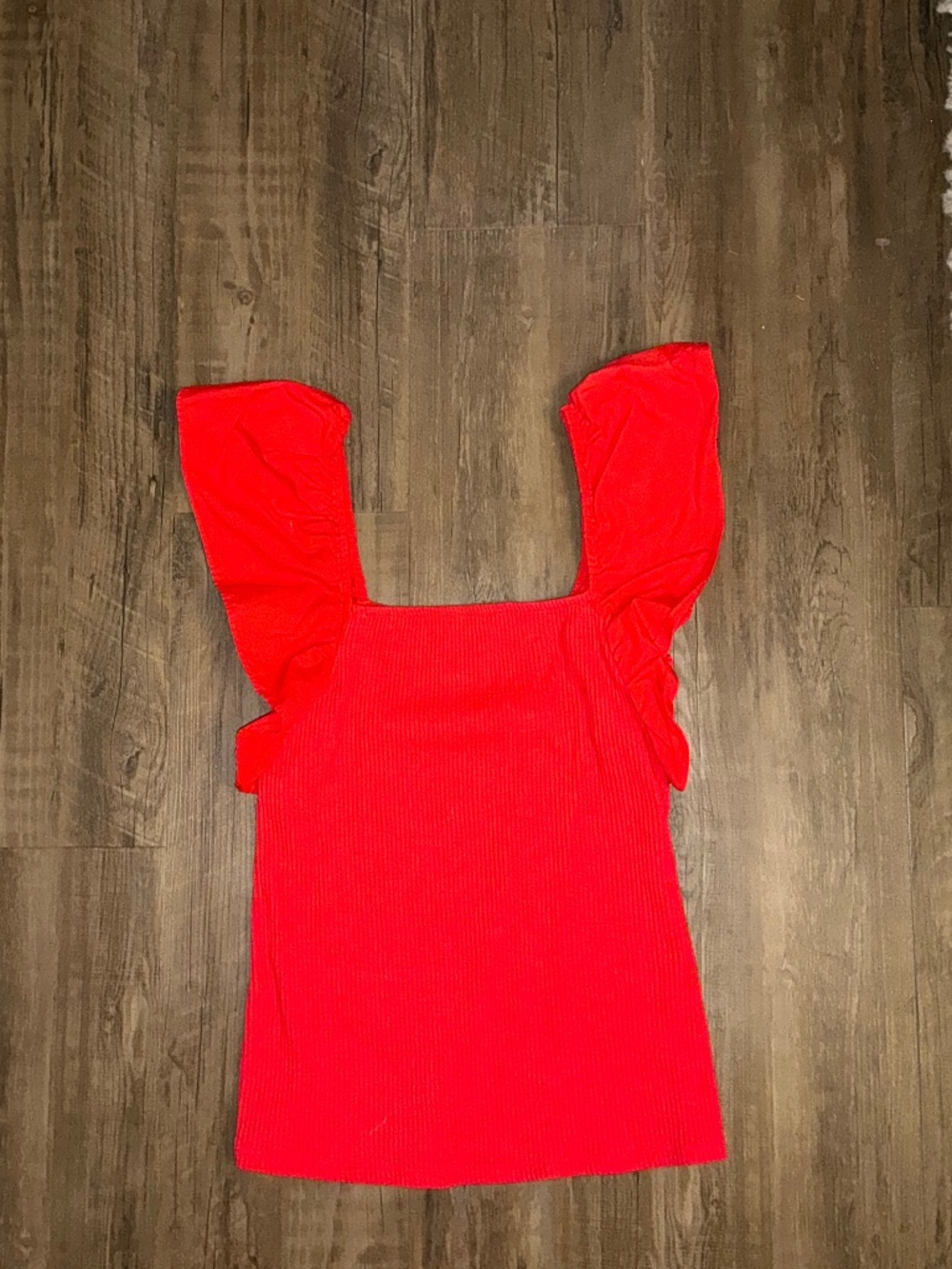 A New Day Red Rib-Knit Ruffle Flutter Sleeve Top - Size S
